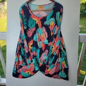 Ruby Rd. Tank Top Tunic Blouse Shirt Womens SZ 2XL Stretch Tropical Floral Birds
